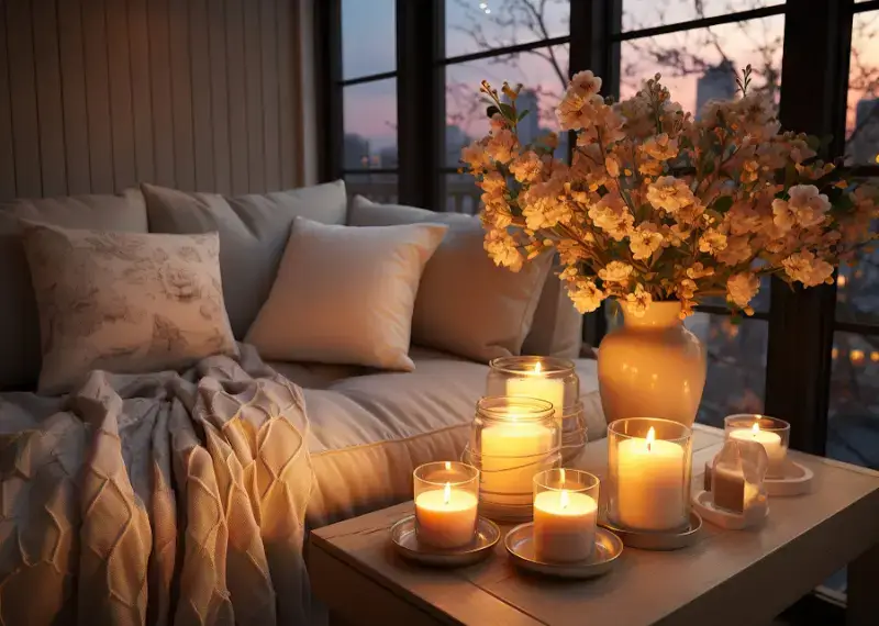 A cozy corner with blankets and lit candles
