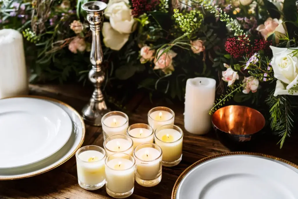 A table decorated with candles of different shapes and sizes