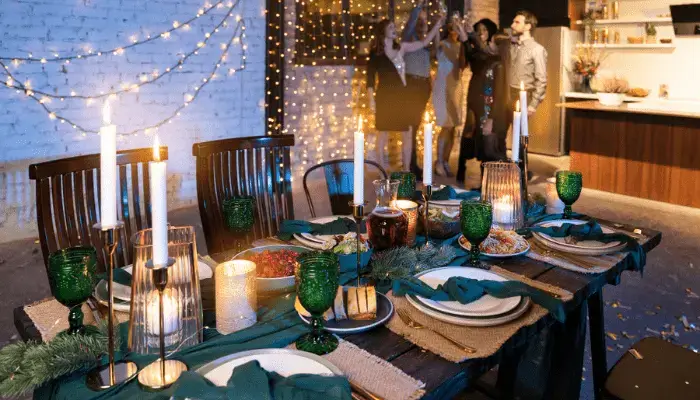 Candlelight dinner setup at home with flowers