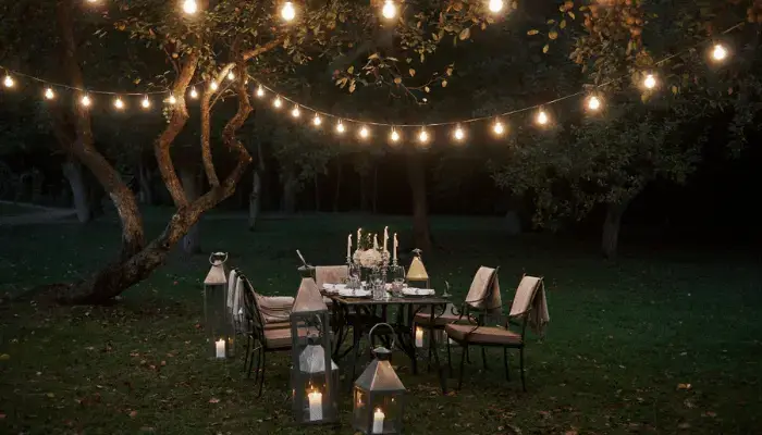 Indoor picnic with fairy lights