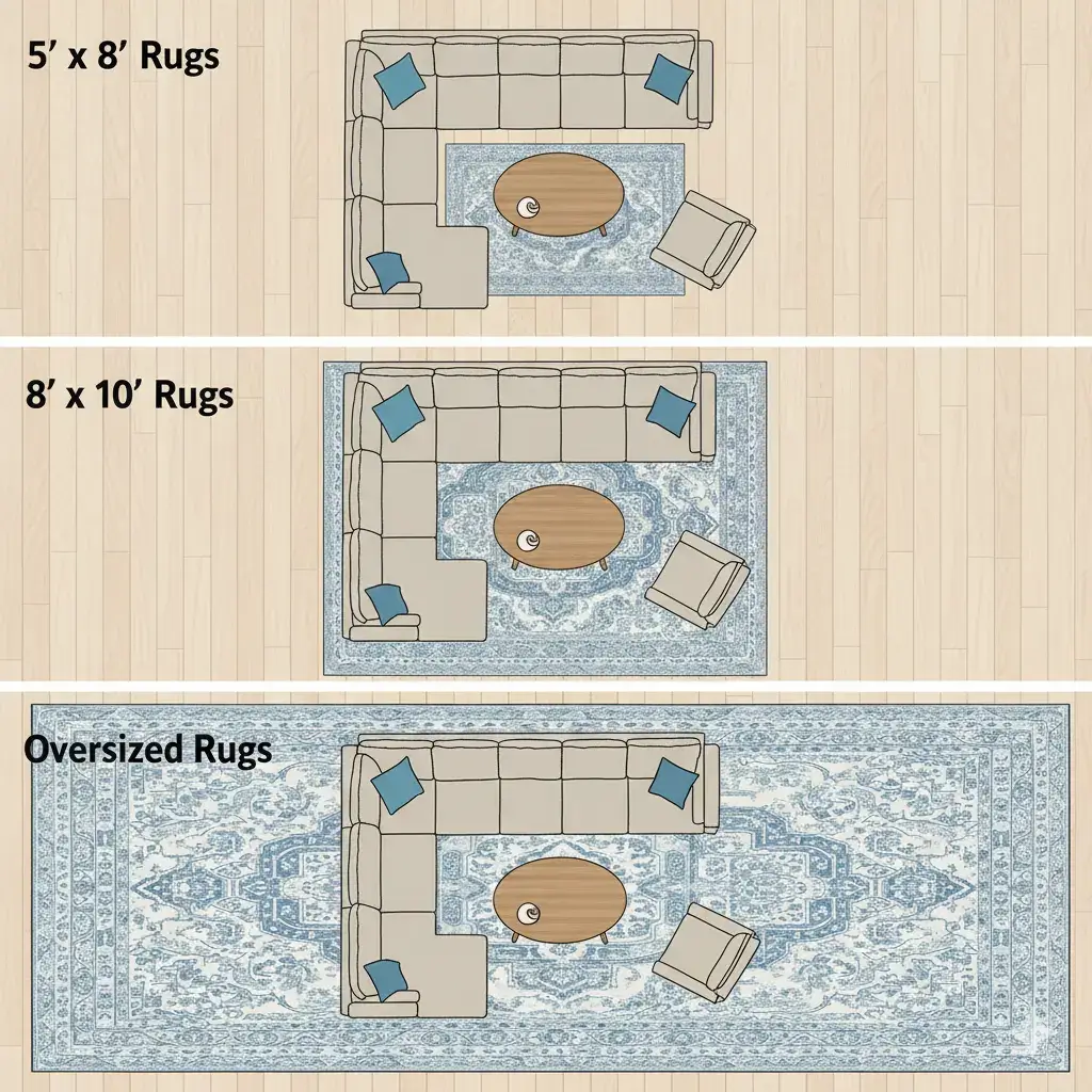 Rug size chart with common dimensions labeled under a sofa and chairs